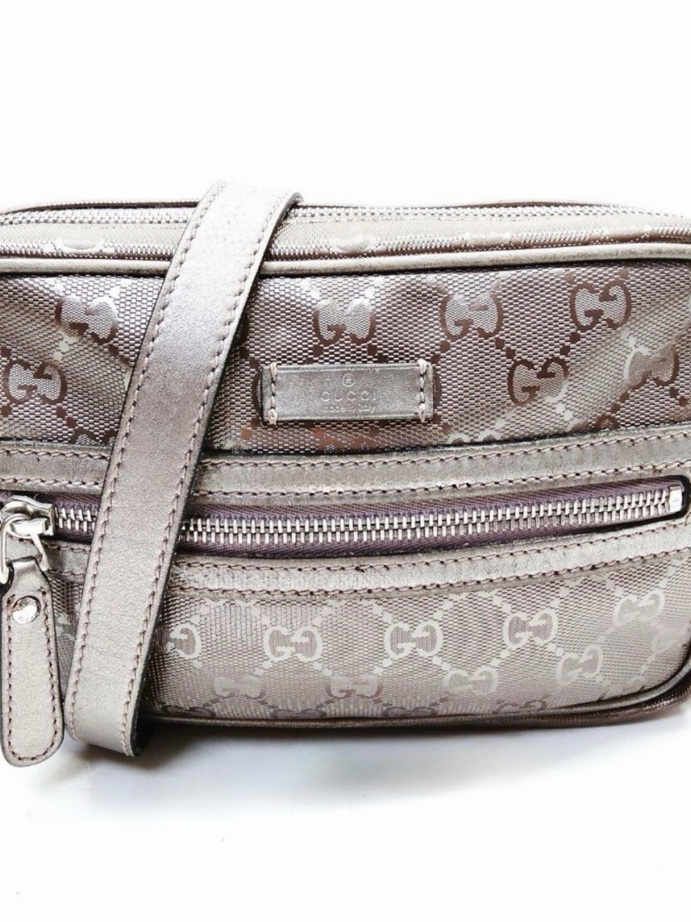 Authentic Gucci Metallic Gunmetal Silver Gray Monogram Camera Bag Crossbody